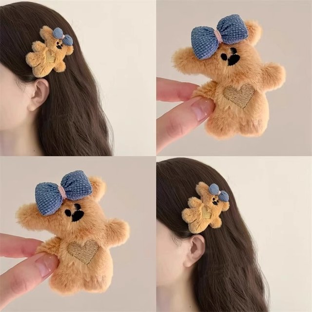 
Plush bear Korean style cute bow hairpin 2025 autumn and winter new style bangs broken hair duckbill clip bb clip headwear