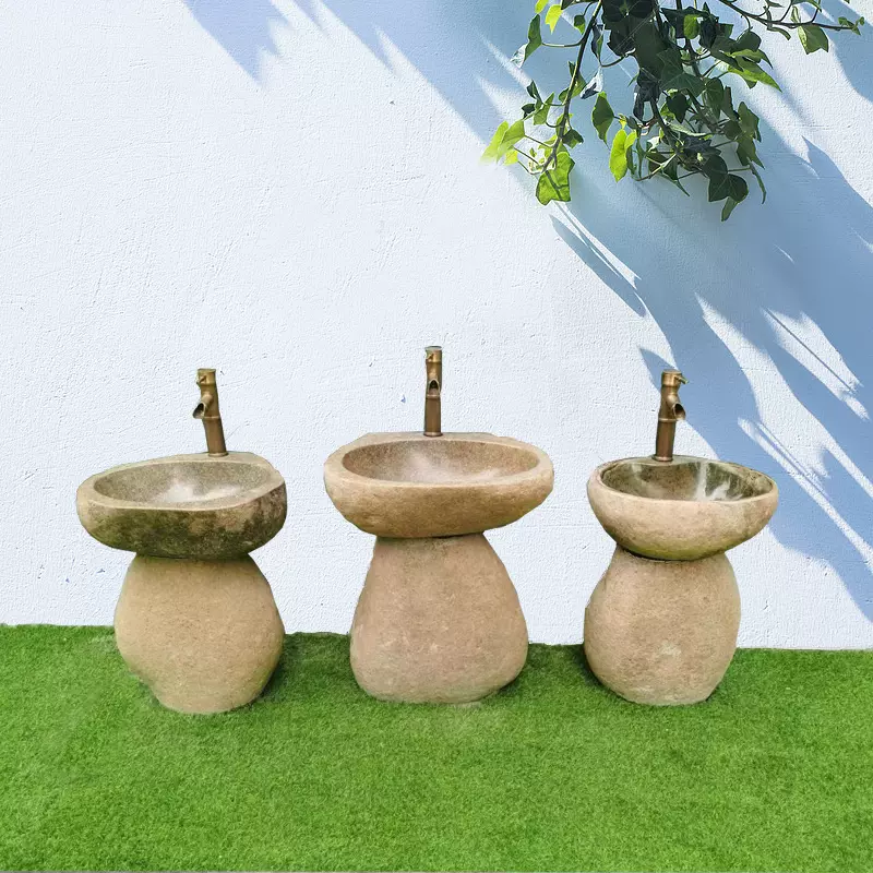 天然鹅卵石洗手盆石材户外庭院洗手池幼儿园成人立柱水池水槽-Taobao