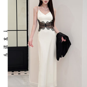 
Xiaonuo's suspender dress design sense niche lace splicing long skirt color block high waist fishtail skirt 251340