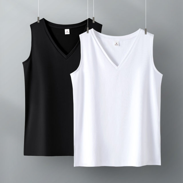 Loose sleeveless T-shirt for women black v-neck top versatile slim white short-sleeved T-shirt with slit hem vest outside