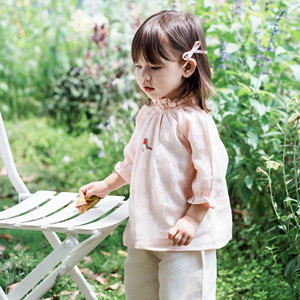 
Spring and summer girls' linen three-quarter sleeve lace top for baby girls linen embroidered sleeve shirt breathable and thin