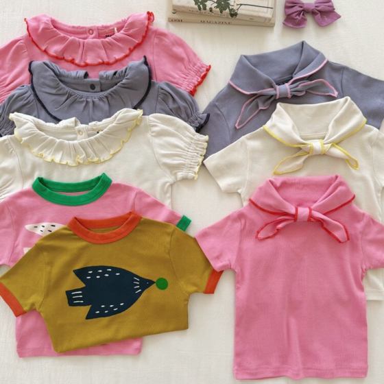 
Spring and summer mp series same organic cotton super soft bow tie for boys and girls/lace doll collar short-sleeved T-shirt