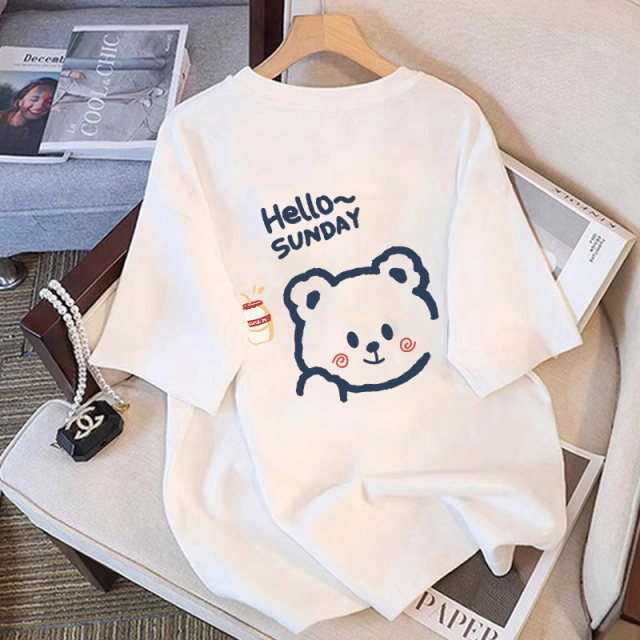 Summer white short-sleeved T-shirt for women 2025 new hot cartoon bear t-shirt loose design half-sleeved top