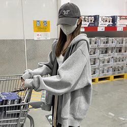 Gray Pure Cotton Hooded Sweatshirt for Women 2026 New Spring and Autumn Casual Lazy Loose Cardigan Jacket Zipper Top
