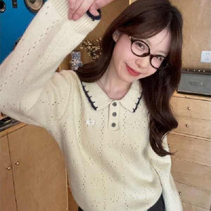 
Contrast color knot embroidered lapel long-sleeved sweater for women autumn loose pullover sweater atmospheric versatile top