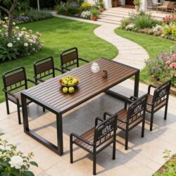 Outdoor Patio Tables and Chairs, Waterproof for Outdoor Use, Suitable for Parks, Leisure Balconies, Coffee Shops, Barbecue Restaurants, and Supermarket Entrances, Plastic Wood Table Set