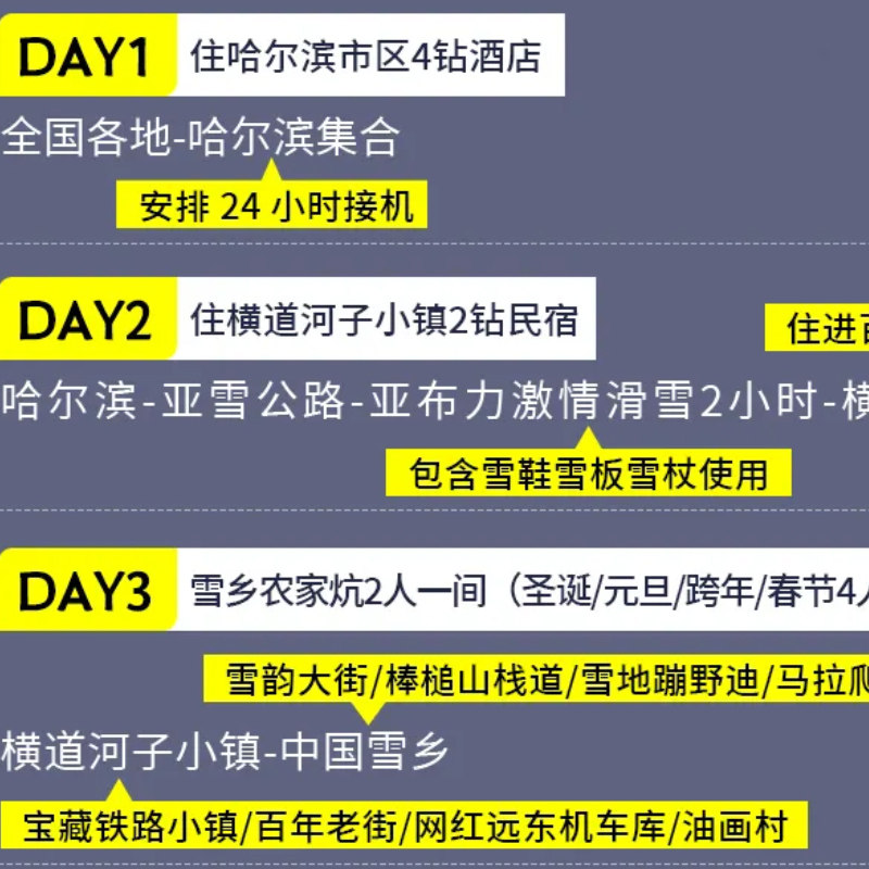 东北哈尔滨4天3晚跟团亚布力滑雪横道河子雪乡夜景网红雪地摩托