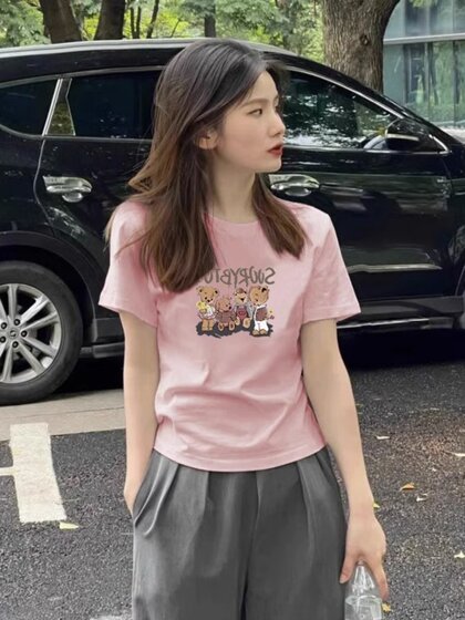 粉色正肩短袖t恤女夏季2026新款洋气高级小个子修身短款体恤上衣