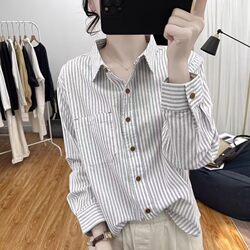 Pure Cotton Striped Long-Sleeved Shirt for Women, Spring and Autumn Design, Loose and Stylish Top, Fashionable Casual High-End Shirt