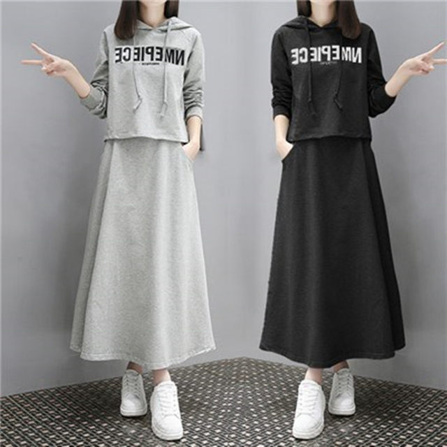 Large size women's clothing 2025 Spring and Autumn New Fat mm fashionable age-reducing belly-covering and slimming sweatshirt dress two-piece suit
