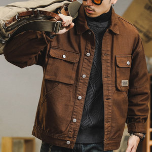 
American retro denim jacket men's autumn and winter new velvet lapel jacket men's multi-pocket work jacket
