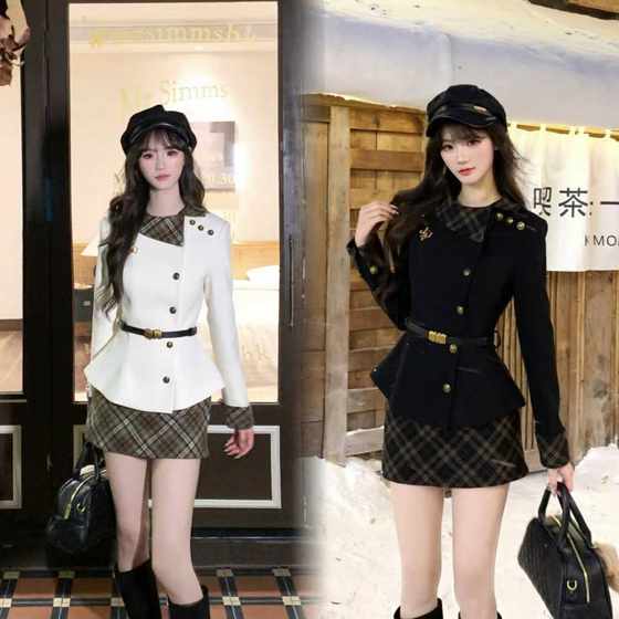 
Vietnamese and Korean Xiaoyu British Knight French socialite temperament woolen coat plaid skirt gold style suit for women