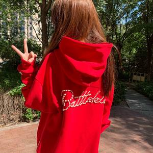 国潮牌钉珠字母刺绣情侣卫衣女春秋新款爆款oversize外套连帽上衣