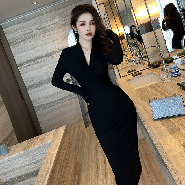 French temperament Hepburn style black dress for women autumn and ...