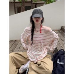 Korean Style Color-Block Striped Off-Shoulder Long-Sleeve T-Shirt for Women, Summer Thin Loose Sun-Protective Air-Conditioning Cover-Up Casual Top