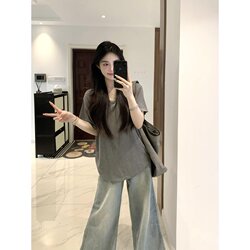 Korean Style Simple Casual V-Neck Gray Lazy Style Short-Sleeved T-Shirt for Women, New Summer Style, Loose and Drapey, Versatile Half-Sleeve Top