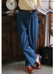 Maymaroon "paris Traveler" Retro Blue/white Cotton French High-waist Straight All-match Jeans Autumn And Winter