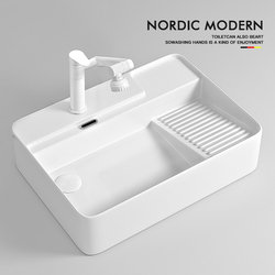 Nordic Modern Minimalist Ceramic Countertop Basin with Washboard, Square Washbasin, Single-Hole Washbasin for Home Bathroom