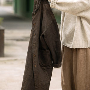 
The cover is a flower, Australian wool and cotton double-layer craftsmanship, vegetable dyeing, spliced round neck long coat, windbreaker, coat