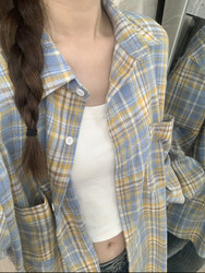 Yellow Plaid Shirt Jacket for Women, Early Autumn New Style, Korean Style, Loose, Lazy Style, Casual, Versatile Shirt, Cardigan