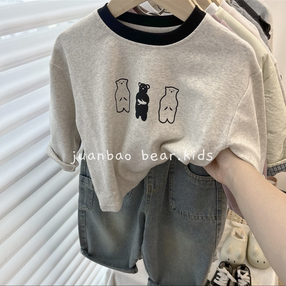 
Children's cartoon bear print long-sleeved T-shirt in autumn new Korean style, fashionable boy and girl baby pure cotton underwear top