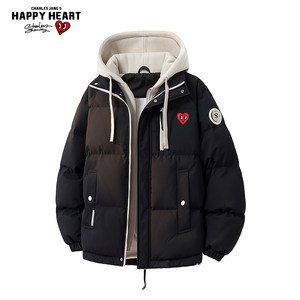 
Charles peach heart fake two-piece hooded cotton coat for men and women winter new couple bread cotton coat casual warm jacket
