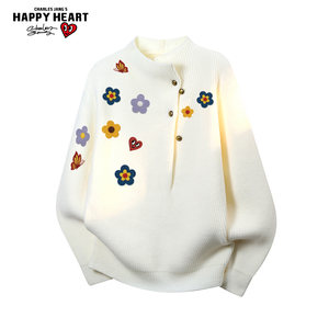 
Charles heart flower print sweater for men and women new winter loose casual long-sleeved couple warm sweater