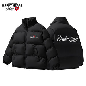 
Charles peach heart American letter printed cotton coat for men in winter thickened cold-proof fashion brand new couple stand-up collar cotton coat