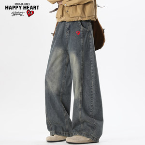
Charles Heart American Retro Silhouette Deconstructed Scimitar Jeans Men's Spring and Summer Trendy Large Size Wide Leg Pants