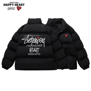 
Charles peach heart American letter printed cotton coat for men in winter versatile cold-proof and warm stand-up collar couple bread cotton coat