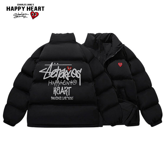 
Charles peach heart American letter printed cotton coat for men in winter versatile cold-proof and warm stand-up collar couple bread cotton coat
