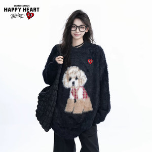 
Charles Heart Cartoon Puppy Mink Wool Sweater for Men and Women with Round Neck Winter New Lazy Style Couple Sweater