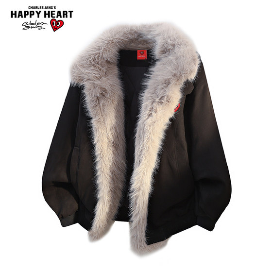 
Charles Heart Fur Collar Mountain Carving Cotton Coat Men's Winter Coldproof Fashion Brand Versatile Cotton Coat Couple New Cotton Clothes