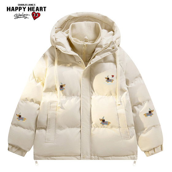 
Charles Heart Fake Two Piece Dachshund Printed Cotton Clothes Men's Winter Hooded Thickened Solid Color Warm Couple Clothes