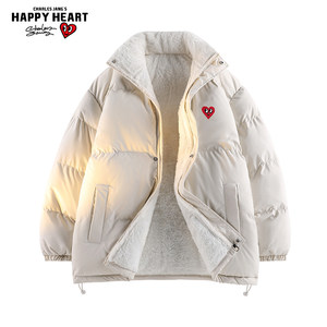 
Charles peach heart lamb velvet cotton jacket for men in autumn and winter new trendy brand cotton jacket to prevent cold and warm stand-up collar couple cotton coat