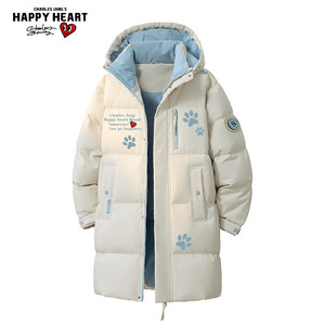 
Charles Tao Xin mid-length cotton coat men's winter new hooded contrasting print thickened warm couple's jacket