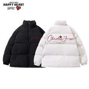 
Charles Heart Stand Collar Cotton Jackets for Men and Women Winter Warm Feather Pen Font Print Couples Casual and Versatile Jackets