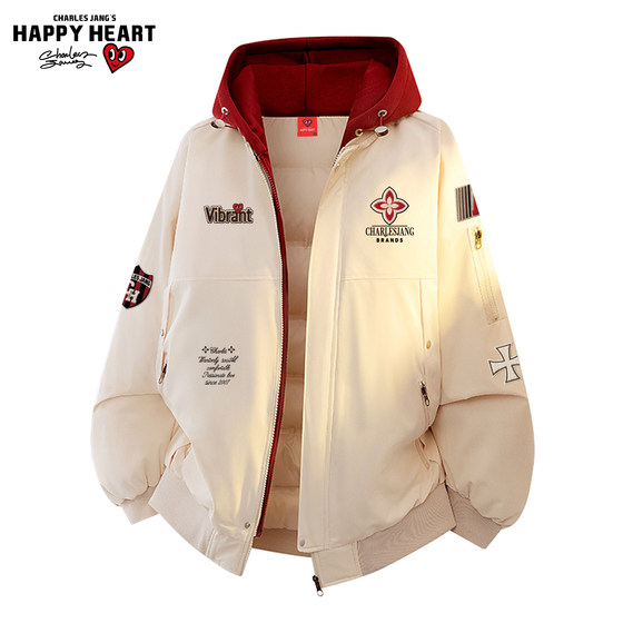
Charles Heart American Badge Print Contrast Color Hooded Cotton Jacket for Men and Women Winter Couple Thickened Cotton Jacket