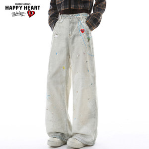 
Charles peach heart American print splash jeans spring, autumn and winter men's and women's trendy straight-leg distressed casual trousers