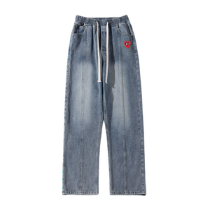 
Charles Heart Embroidered American Washed Jeans Men's Spring New Retro Loose Drawstring Straight Pants