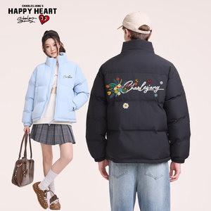 
Charles Peach Heart American Floral Letter Printed Cotton Clothes Men's New Winter Fashion Brand Versatile Coldproof Couple Cotton Clothes