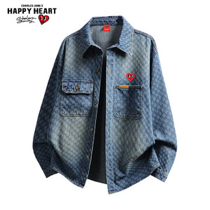 
Charles Peach Heart American-style full-print retro lapel denim jacket men's spring and autumn loose casual high-end jacket