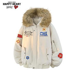 
Charles Heart Flower Printed American Cotton Jacket for Men Winter New Warm Fur Collar Thickened Couple Trendy Brand Jacket