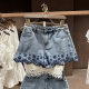 VM NY NB UR2025 summer French sweet age-reducing embroidery hollow spliced ​​denim shorts wide-leg pants women ins
