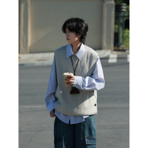 
19otiwtt Japanese lazy style hollow sweater vest men's inner layered sleeveless knitted top