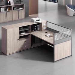 Office Desk and Chair Set with Built-In Power Outlet, Partition for Four to Six People, Staff Desk with Card Holder for Finance Staff