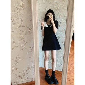 
French doll collar short-sleeved dress for women summer Hepburn style waist black A-line short