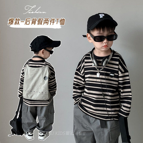 
Boys' fake two-piece sweatshirt 2026 spring baby striped round neck long-sleeved top children's style T-shirt Korean version trendy