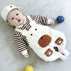 Baby Romper Spring and Autumn Baby Suspenders Striped Long-Sleeve Jumpsuit Bear Fake Two-Piece Romper Cute Crawling Clothes