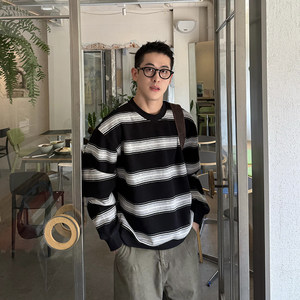 
Nick Tian thick striped round neck sweatshirt for men autumn new Korean style high-end loose casual and versatile